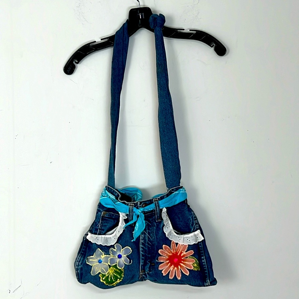 🌞 Boho hippie floral blue denim shoulder bag Jean daisy lace bandana design